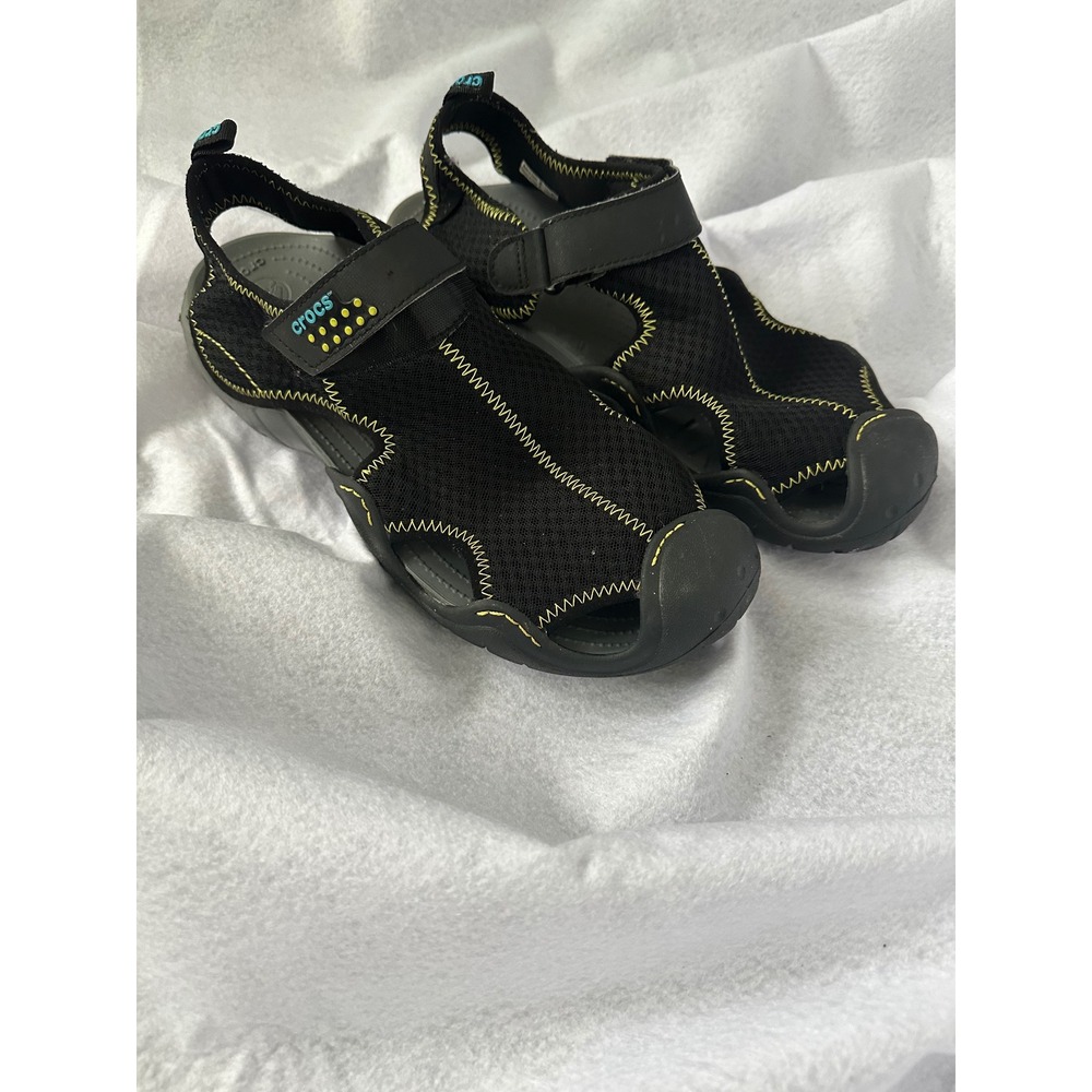 Crocs Swiftwater Men 12 Black Yellow Mesh Closed Toe Water Sport Sandals 15041